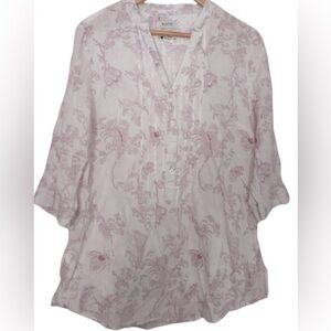 Malvin Linen Floral Long Sleeve V Neck Button up Blouse/ Top Size Large